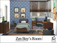 the bedroom is decorated in blue and white polka dot wallpaper, along with pictures on the walls