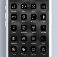 the black and gold icon pack is displayed on an iphone's screen, with other icons