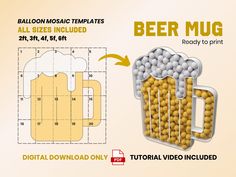 Beer Mug Mosaic Template, Beer Mosaic From Balloons, Beer Mug from Balloons, Beer Template, Mosaic from Balloons, PDF File, DIGITAL ✅ Digital Download Only ✅ Tutorial & reference image included  ✅ 2ft, 3ft, 4ft, 5ft, 6ft Template PDFs ✅ Suitable for US Letter paper (8.5 x 11 inches) ✅ Perfect For balloon mosaic using foamboards, or plywood silhouettes ✅ Suitable for Valentine's day, anniversary, or wedding 🎈 Print all pages from the PDF of the template size of your choice (2ft, 3ft, 4ft, 5ft, 6 Beer Mug Balloon Sculpture, Balloon Beer Mug, Beer Balloon Garland, Beer Balloon, Stella Beer, Diy Sweets, Balloon Mosaic, Balloon Template, Beer Pictures