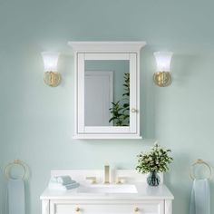 a white bathroom vanity with mirror and lights on the wall, next to a plant