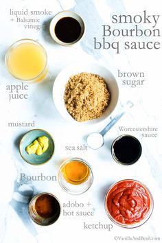 ingredients to make smoky bourbon bbq sauce on a marble counter top with text overlay