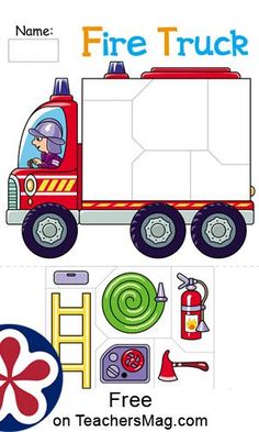 a fire truck cutout is shown with the name on it and some other items