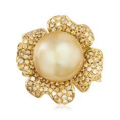 Vista Alegre - 12-15mm Golden Cultured South Sea Pearl Flower Ring, 1.00ct t. w. Yellow Diamonds. Size 7. Truly magnificent. This opulent flower ring presents a 12-15mm golden cultured South Sea pearl centerpiece with lush petals bedecked by 1.00 ct. t. w. round brilliant-cut diamonds in a gorgeous palette of yellow hues. Finely crafted in polished 14kt yellow gold. Color and placement of diamonds may vary. 7/8" wide. Yellow diamond and golden pearl flower ring. South Sea pearls are unique and m Elegant Yellow Flower Shaped Ring, Pearl Flower Ring, Pearl Centerpiece, Golden Pearl, Yellow Hues, Yellow Diamonds, Diamond Birthstone, Fine Jewelery, Sea Pearl