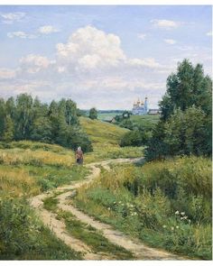 a painting of a person walking down a dirt road in the middle of a field