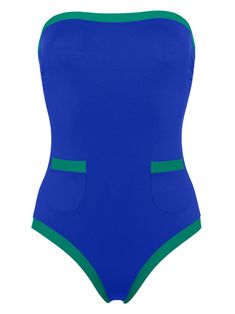 cobalt blue/bright green stretch-design bustier-style neckline gripper tape shirred side panel two front patch pockets contrasting border Be mindful to try on swimwear over your own garments. Blue Stretch Color Block Swimwear, Blue Color Block Stretch Swimwear, Royal Blue Sleeveless Swimwear, Summer Swimwear With Contrast Trim For Pool, Fitted Beachwear Swimwear With Contrast Trim, Stretch Swimwear With Contrast Trim For Poolside, Summer Beachwear Swimwear With Contrast Trim, Bustier Swimsuit, Strapless Swimsuit