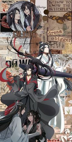 an anime character with long black hair and two other characters in the background, surrounded by collages