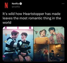 two men sitting next to each other in front of a screen with the caption'it's wild how hartstoper has made leaves the most romantic thing in the world