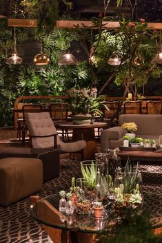 a living room filled with lots of furniture and plants on top of it's walls