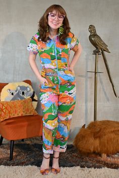 This incredible jumpsuit features our original 70s-inspired landscape print bursting with animals, trees, and bright colors in ALL 9 SIZES in a BRAND NEW shape and gorgeous bright palette! She features a pointed collar, a big exposed zipper, and several pockets- chest, side and back! MADE IN USA 95% cotton/5% spandex MEASUREMENTS are below (all measurements are approximate, lightweight cotton fabric does provide stretch) This does run a bit large for Blue Platypus *please read measurements caref Bright Prints Fashion, Size 16 Fashion For Women, Queer Fashion Feminine, Bright Spring Clothes, Rainbow Jumpsuit, Toothpaste Kisses, Eclectic Clothes, Type Outfit, Bright Palette