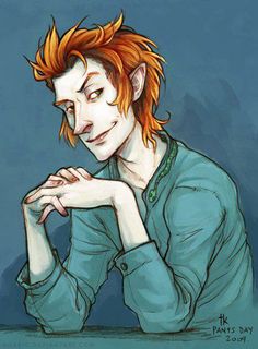 a drawing of a man with red hair and blue shirt sitting at a table looking down