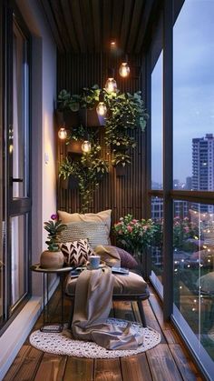 a balcony with lots of plants and lights on the ceiling, along with a round rug