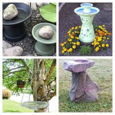 four different types of garden decorations in various pictures, including rocks and vases with flowers on them