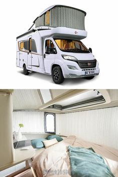 the interior and exterior of a camper van with an awning over it's bed