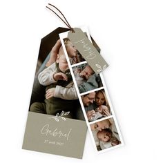 a photo bookmark with three photos hanging from it's front and back sides