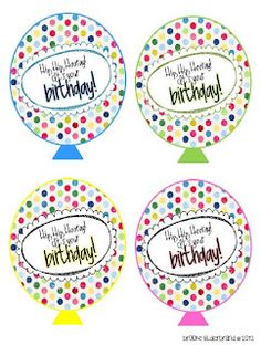 four happy birthday plates with colorful polka dots on the front and bottom, each decorated with different words