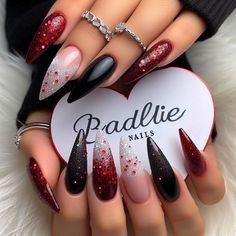 When you love my designs, please don't forget to follow my profile :) Devils Night Inspired Nails, Black And Burgundy Nail Designs, Red And Black Nails Design Coffin, Romantic Nails Designs, Birthdays Nails, Baddie Pink Nails, Nail Ideas Stars, Dark Red And Black Nails, Tvd Nails