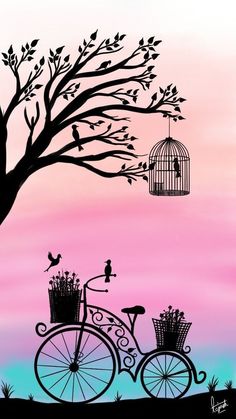 a bicycle parked under a tree next to a birdcage with birds in it