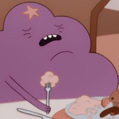 a cartoon character is eating food with a fork and knife