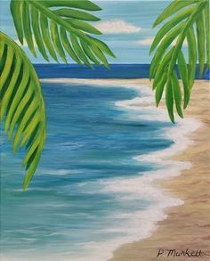 a painting of the beach with palm trees in front of it and blue water on the other side