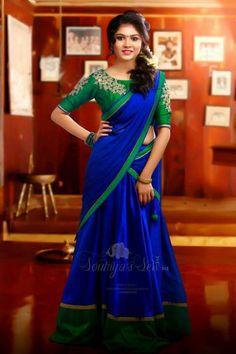 Blue And Green Half Saree, Dhawani Designs Kerala, Davani Half Saree Kerala, Kerala Half Saree Designs, Blue Half Saree, Green Half Saree, Silk Half Saree, Half And Half Saree, Saree Green