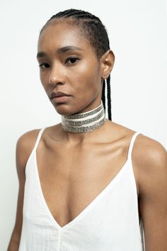 Sterling silver with offwhite leather choker/ designed by artisan Lou Guerin Designer White Metal Jewelry, Chic White Choker Jewelry, Luxury Silver Metal Choker, White Metal Choker For Party, Luxury White Gold Choker, White Metal Choker Jewelry, Unique White Choker Jewelry, Unique White Choker, Unique White Choker For Festival