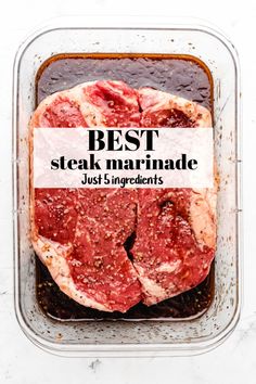 Two steaks in a dish of steak marinade. Dr Pepper Steak Marinade, Blade Steak Marinade, Best Way To Marinate Steak, Steak Marinade Without Worcestershire, 30 Minute Steak Marinade, 3 Ingredient Steak Marinade, Easy Steak Marinade Simple, Delmonico Steak Marinade, Teriyaki Steak Marinade