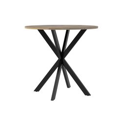 a round table with black metal legs and a wooden top on an isolated white background