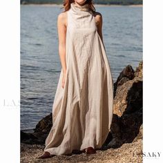 Lasaky - Sleeveless High-neck Drawstring Loose Maxi Dress Luxurious Dresses, Fashion Stand, Sleeveless Skirt, Fashion Diva, Loose Maxi Dress, Drawstring Dresses, Dress Stand, Long Evening Gowns, Sleeveless Turtleneck