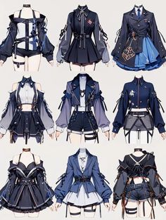 many different kinds of clothes on display in front of a white background with black and blue accents