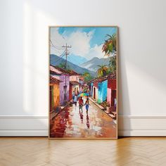 an oil painting of people walking in the rain