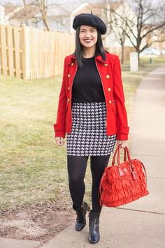 chic winter outfit idea for work - black sweater, houndstooth mini skirt, tights, red coat, wool beret, red Prada tote, and a pair of black Tory Burch dress boots, one of must have boots for fall and winter. Head over to www.OneAwesomeMomma.com for more winter outfits. #winterstyle #winteroutfits #momstyle Skirt Outfits For Winter, Mini Skirt Tights, Working Mom Outfits, Fall Tights, Chic Winter Outfit, Houndstooth Mini Skirt, Skirt Tights, Midi Circle Skirt, Outfits For Winter