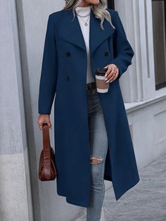 Navy Blue Casual Collar Long Sleeve Fabric Plain Regular Embellished Non-Stretch  Women Clothing Blue Wool Coat, Outfits Jeans, Wool Winter Coat, Wool Coat Women, Coat For Women, Women Overcoat, Wool Winter, Double Breasted Coat, Blue Wool