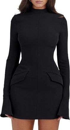 The sexy and fashionable long sleeved wrap dress is made of high-quality polyester and spandex fabric. The fabric is soft and elastic, with a comfortable feel. Features: Flare long sleeves, mini length, mock turtle neck, bodycon, decorative pockets on both sides, enriching the style of the clothes, and a zipper design on the back for easy on and off. Flare Corporate Dress, Lbd Black Woman, Classy Women Outfits Dresses, Dresses For Broad Shoulders For Women, Simple Short Dresses Classy, Short Dress Styles Classy, Graduation Dress Styles, Graduation Party Outfit Ideas, Turtle Neck Dresses