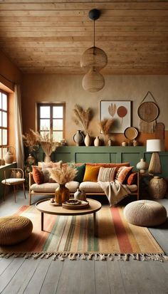 a living room filled with lots of furniture and decor on top of a wooden floor