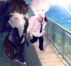 two anime characters are walking on a bridge over the ocean and one is listening to headphones