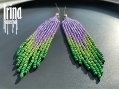 Violet Seed Bead Earrings Green Beaded Earrings Gradient Czech | Etsy Ukraine Purple Beaded Earrings With Colorful Beads, Purple Beaded Earrings With Dangling Round Beads, Purple Beaded Dangle Earrings For Festival, Purple Dangle Beaded Earrings With Spacer Beads, Purple Beaded Dangle Earrings With Tiny Beads, Handmade Purple Tassel Earrings With Round Beads, Lavender Drop Beaded Earrings, Purple Tassel Earrings With Round Beads For Gift, Lavender Beaded Drop Earrings