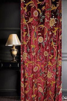 a red curtain is open in front of a black wall and floor with a lamp next to it