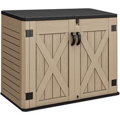 an outdoor storage box with doors and handles