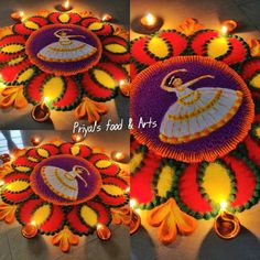 colorful rangolii designs with candles on the floor for diwaling and decorating