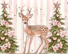 a painting of a deer standing in front of christmas trees with pink and white flowers