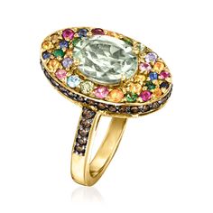 Ross-Simons - 1.70ct Prasiolite, .83ct t. w. Multi-Gemstone Ring, .51ct t. w. Brown Diamonds. Size 9. Brimming with confetti-colored gemstones, this spirited statement ring is a beauty to behold. At the center, a minty 1.70 carat oval prasiolite is perfectly complemented by a vibrant scattering of .83 ct. tot. gem wt. tanzanite, emerald, ruby, Swiss blue topaz, green tourmaline, peridot, citrine and pink, blue and yellow sapphire rounds. Finely crafted in polished 14kt yellow gold, the captivati Brown Diamonds, Multi Gemstone Ring, Colored Gemstones, Brown Diamond, Swiss Blue Topaz, Yellow Sapphire, Green Tourmaline, Gemstone Ring, Gemstone Colors