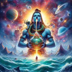 an image of lord ganesha in the ocean surrounded by planets and other things