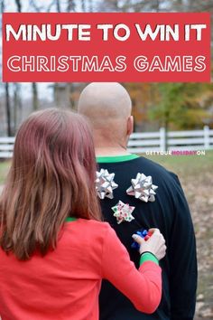 a man and woman standing next to each other with text overlay that reads, minute to win it christmas games