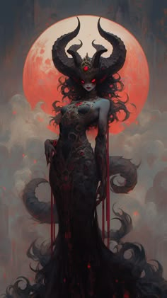 a woman with horns standing in front of a full moon and demon like creature on her back