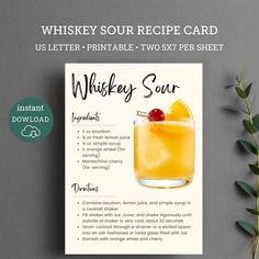 the whiskey sour recipe card is displayed on a gray background with green leaves around it