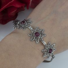 Ruby Corundum Gemstone Sterling Silver Artisan Handcrafted Starfish Figure Filigree Art Bracelet Art Bracelet, Filigree Bracelet, Silver Link Bracelet, Filigree Jewelry, Design Bracelet, Sterling Silver Filigree, Citrine Gemstone, Star Design, Blue Quartz