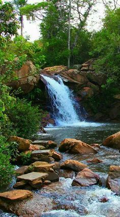 a small waterfall in the middle of some rocks and trees with water running down it