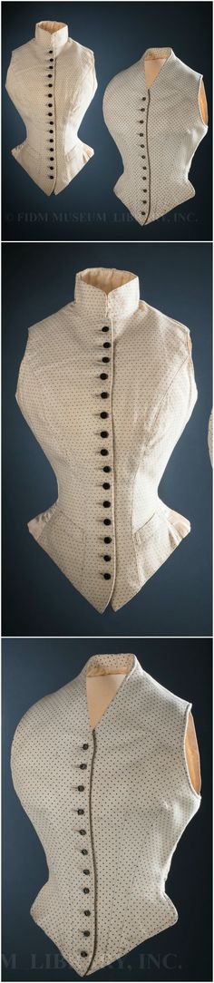 Waistcoats made for Alexandra, Princess of Wales, by J. Busvine & Co., London, 1890s. Helen Larson Historic Fashion Collection. Via FIDM Museum Blog. FIDM Museum: "Though masculine in style, the hourglass shape of these dotted wool waistcoats could only have been achieved by a corset—probably a lightly-boned version designed for horseback riding... women typically wore sturdy, masculine-style clothing for the energetic sports of riding and hunting, though they always rode sidesaddle, in skirts." 1890s Waistcoat, 1900 Fashion, 1890s Fashion, Historic Fashion, 1800s Fashion, Dress History, Victorian Costume, Masculine Style, 19th Century Fashion