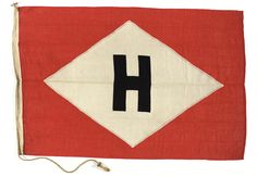 a red and white flag with the letter h on it