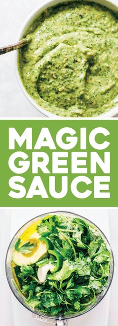 green sauce in a bowl with spinach and lemon slices